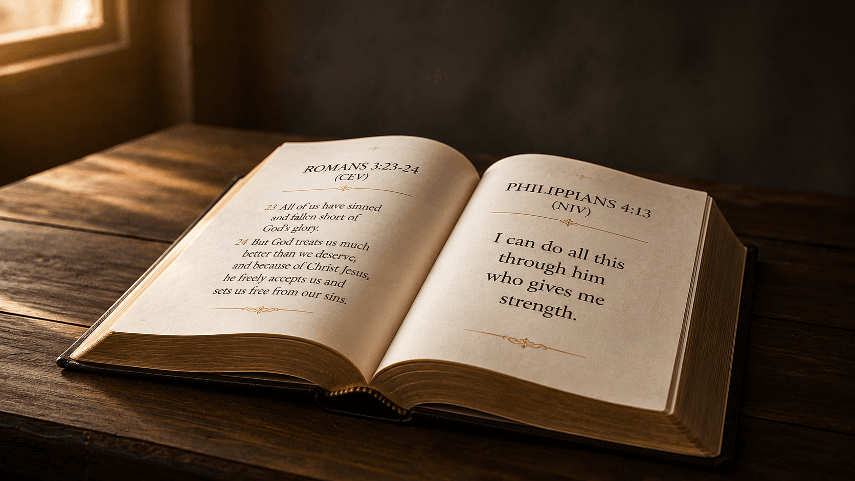 An open Bible in warm window light