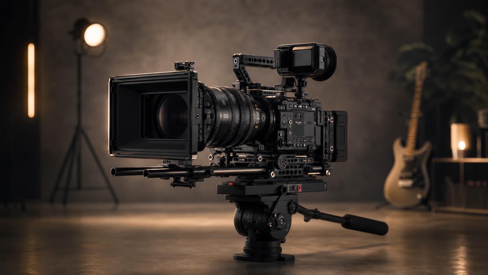 A professional cinema camera in a creative studio