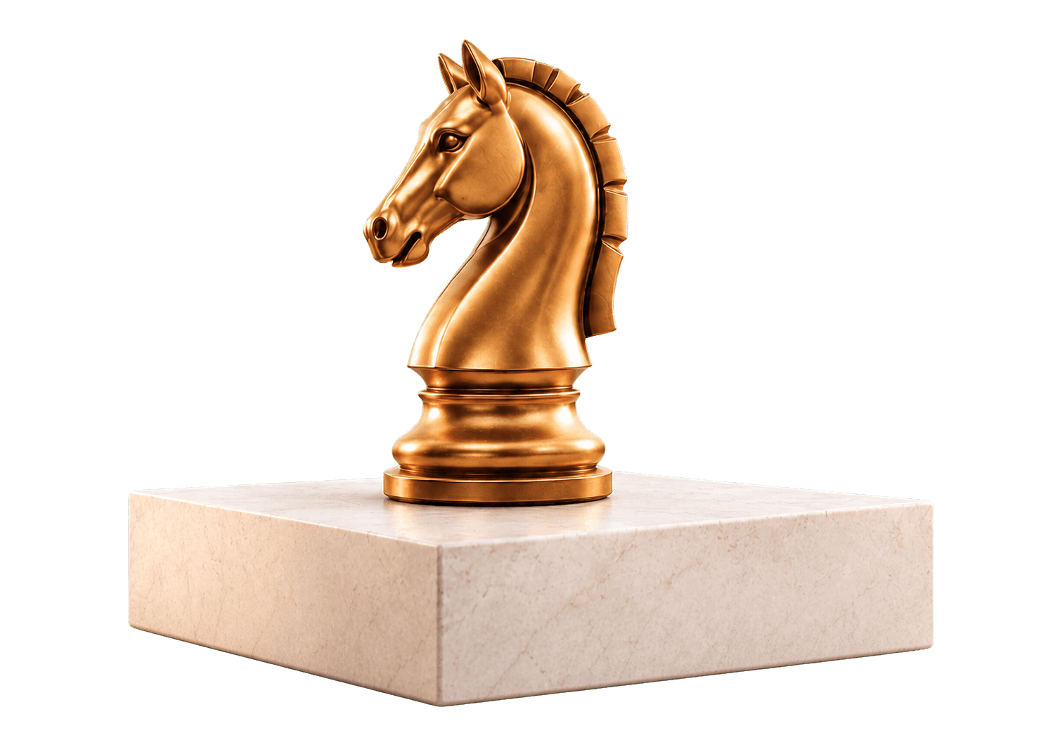 A golden chess knight standing on a marble pedestal