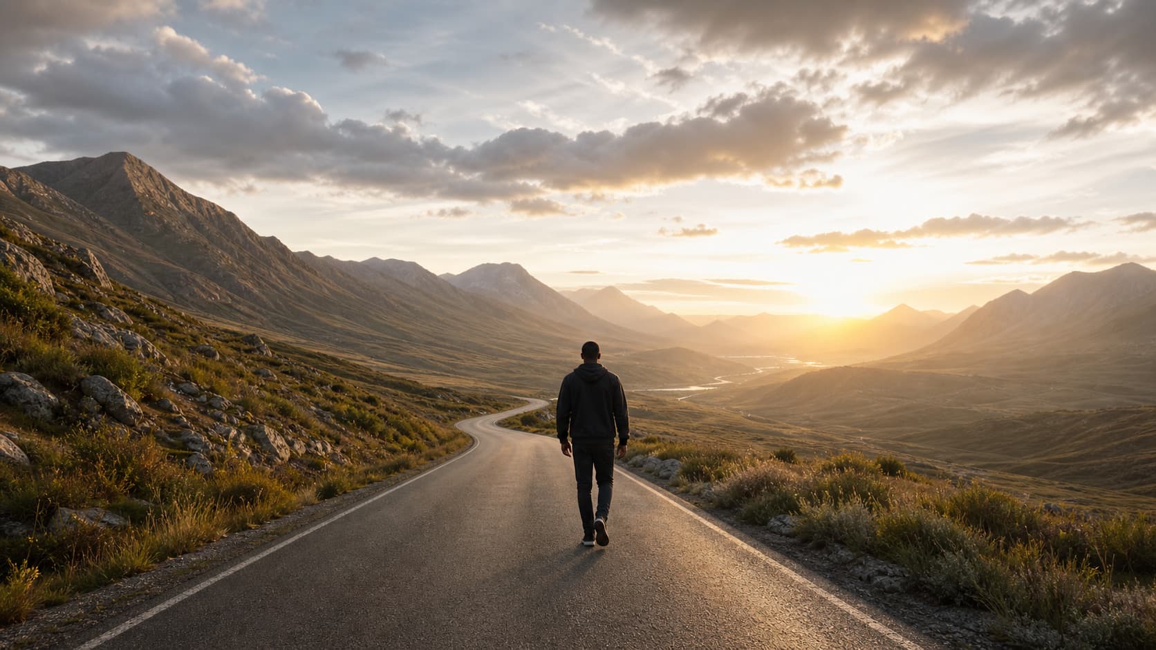 A man walking along a mountain road toward the sunrise